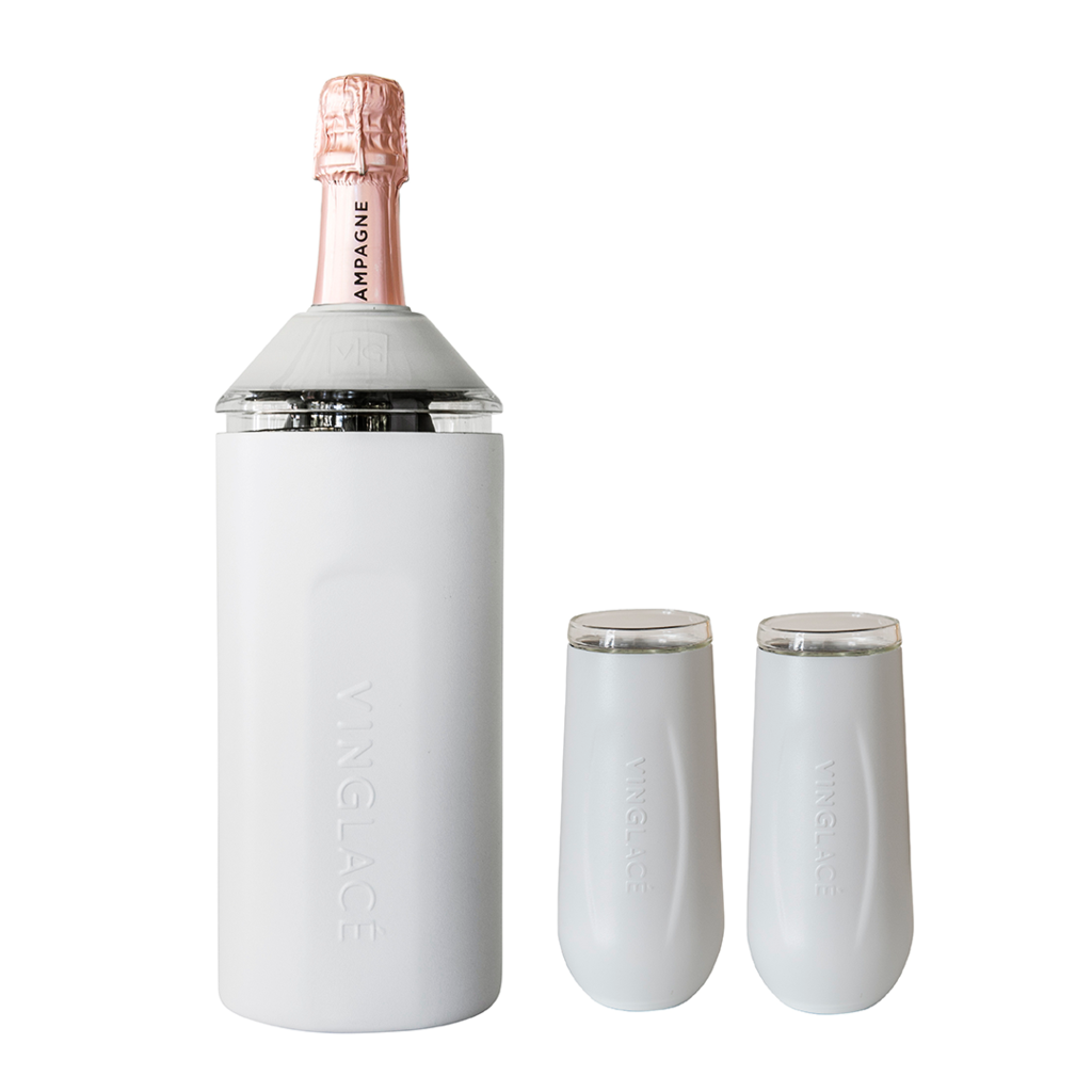 Gift set of a white champagne cooler and two tumblers